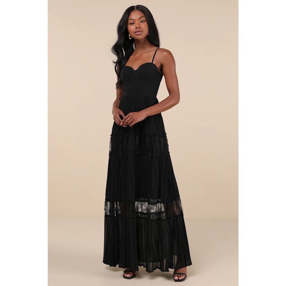 Lulus New Stunning RSVP Black Pleated Lace Sleeveless Bustier Maxi Dress Large